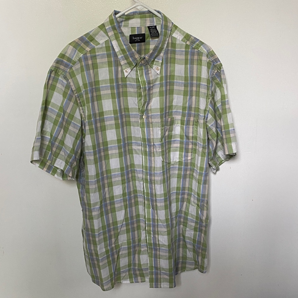 Haggar Men's Casual Green and White Plaid Shirt
